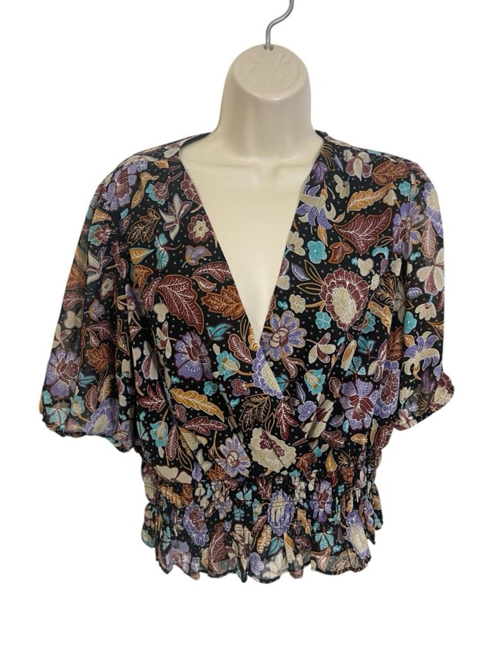 ANN TAYLOR Women's Size Medium Blouse Batik Floral Print Smocked Waist Surplice